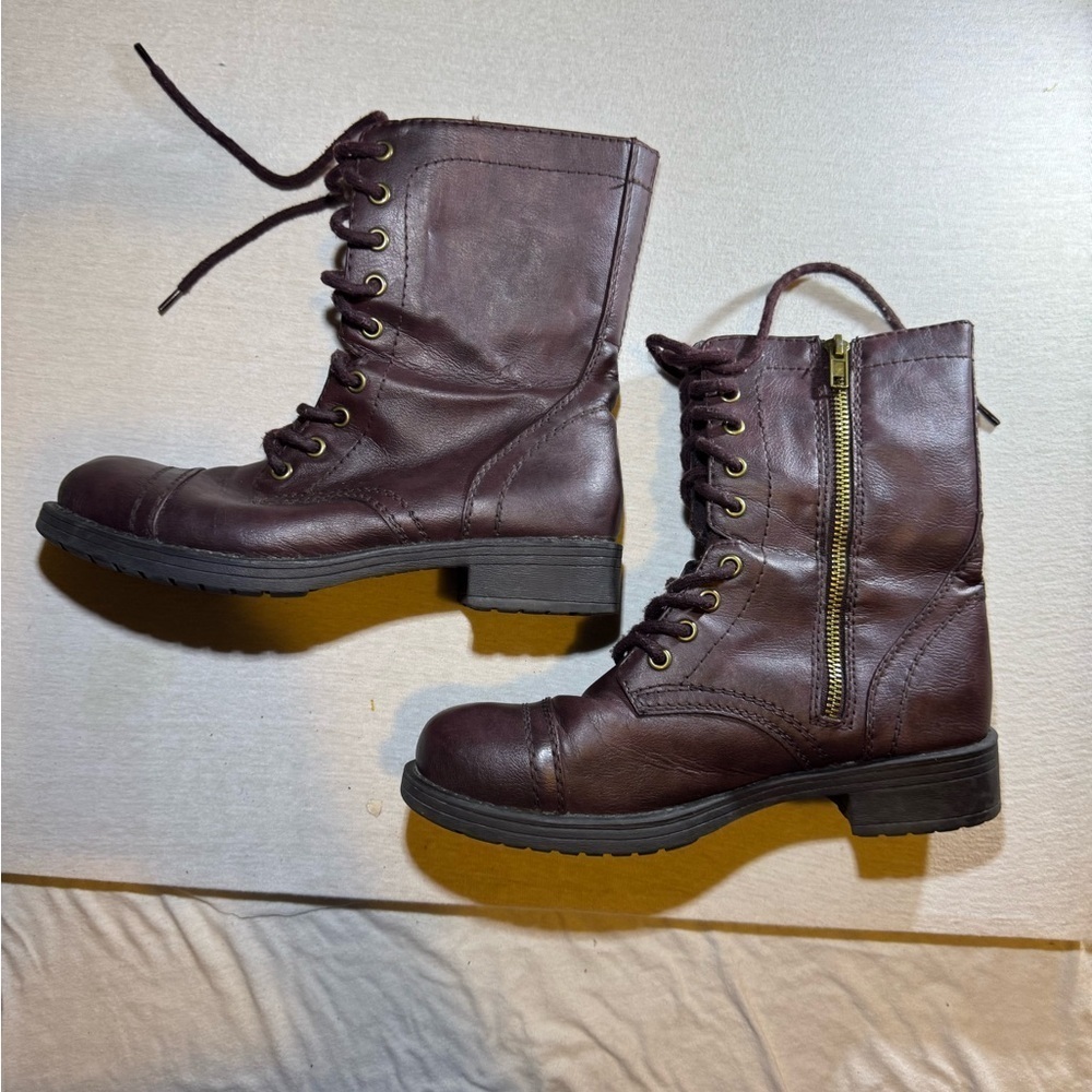 maroon Lace-Up Combat Boots with Side Zipper